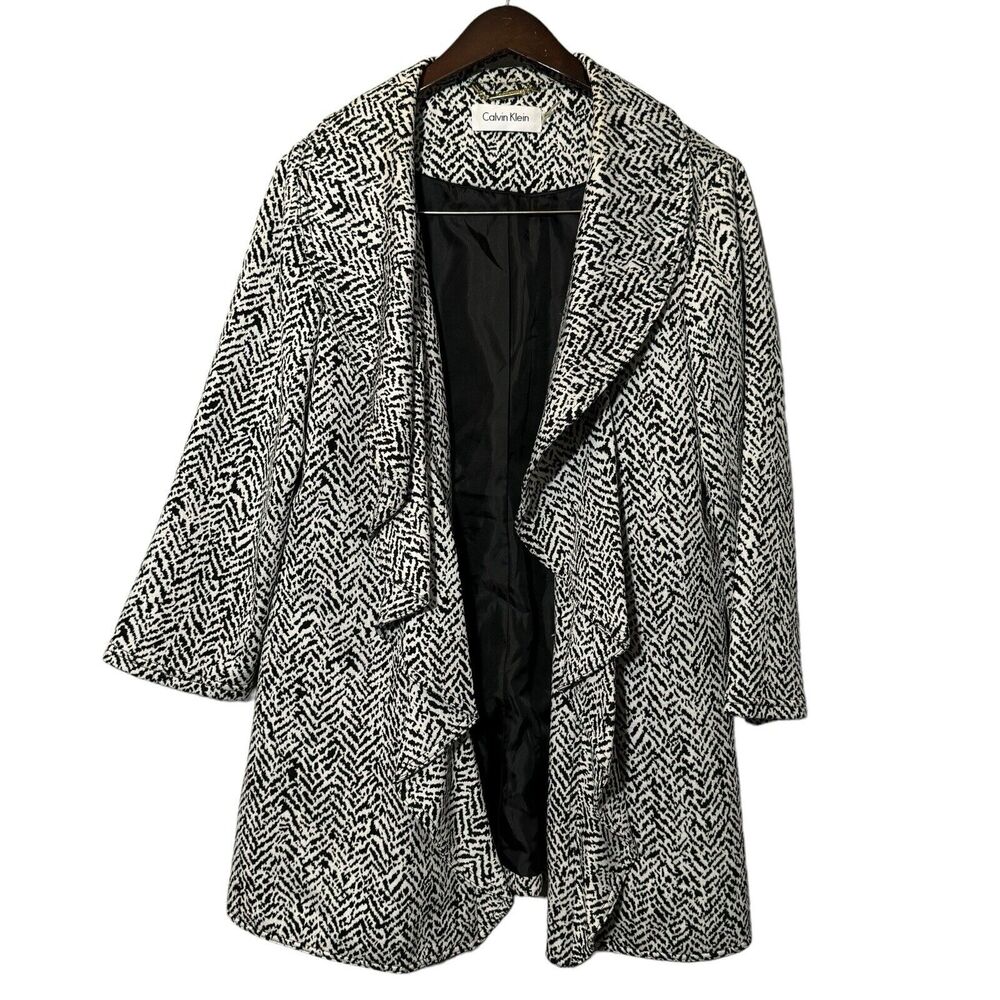Calvin Klein Women's Black/White Ruffled Open-Front Lined 3/4 Sleeves Jacket 14
